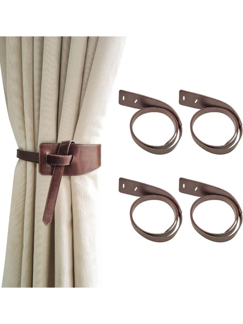 Minimalist Leather Curtain Tie Backs - 4 Piece Vintage Drapery Holdbacks